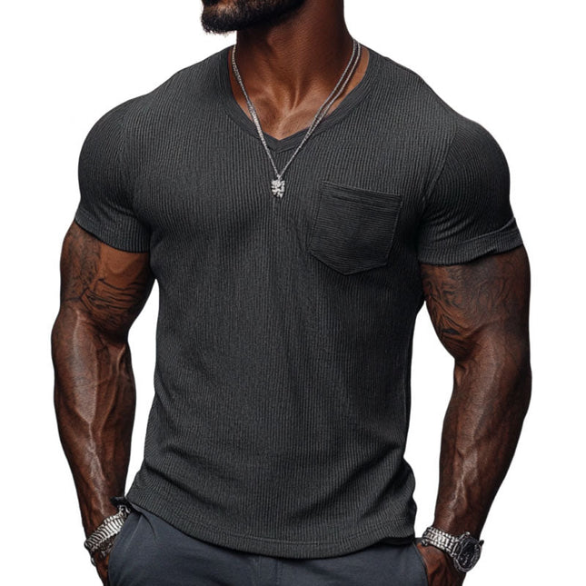 Men's Ribbed Cotton Blend V-Neck T-Shirt | Slim Fit Short Sleeve | Casual Comfort | Soft & Durable Fabric | Versatile Everyday Style