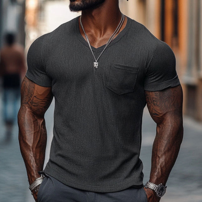 Men's Ribbed Cotton Blend V-Neck T-Shirt | Slim Fit Short Sleeve | Casual Comfort | Soft & Durable Fabric | Versatile Everyday Style