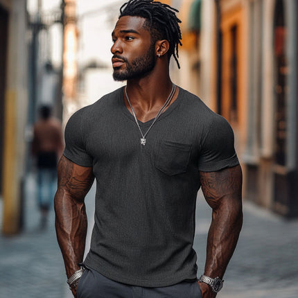 Men's Ribbed Cotton Blend V-Neck T-Shirt | Slim Fit Short Sleeve | Casual Comfort | Soft & Durable Fabric | Versatile Everyday Style