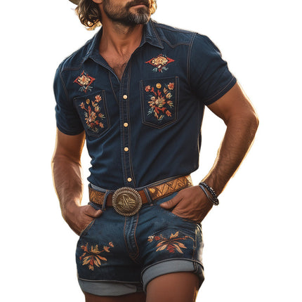 Men's Retro Embroidered Denim Shirt and Shorts Set | Summer Fashion | Casual Short Sleeve | Vintage Style | Lightweight Breathable Fabric | Classic Collar | Practical Pockets | Easy Care Machine Washable