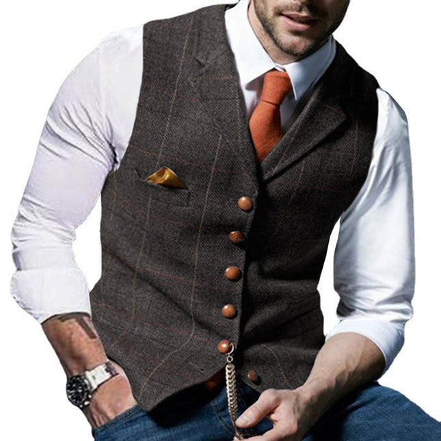 Men's Woolen Plaid Suit Vest | Groomsmen Vintage Check | Lapel Collar | Single-Breasted | Soft Fabric | Casual Outerwear | Sleeveless