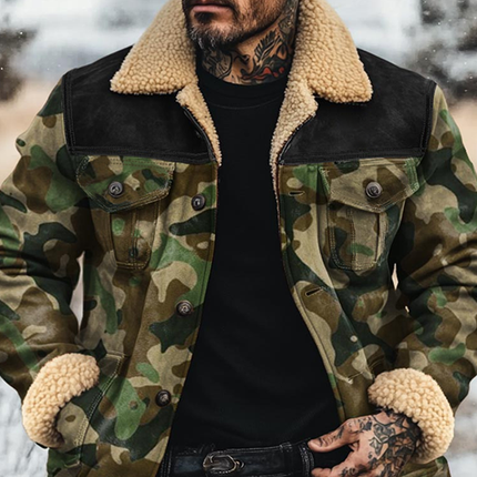 Men's Camouflage Suede Jacket | Fleece Lapel | Single Breasted | Warm Outerwear | Long Sleeve | Button Closure | Sizes S-3XL | High-Quality Material | Stylish Casual Coat