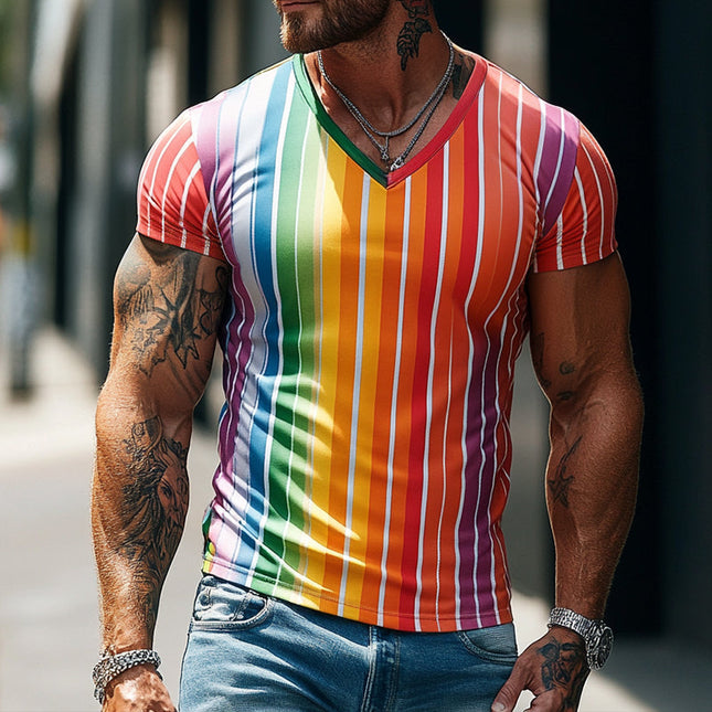 Men's Retro V-Neck T-Shirt | Rainbow Stripe Print | Short Sleeve Casual Top | Soft Cotton Fabric | Vintage-Inspired Design | Comfortable Everyday Wear | Various Sizes S-3XL | Spring & Summer Fashion