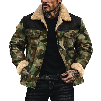 Men's Camouflage Suede Jacket | Fleece Lapel | Single Breasted | Warm Outerwear | Long Sleeve | Button Closure | Sizes S-3XL | High-Quality Material | Stylish Casual Coat