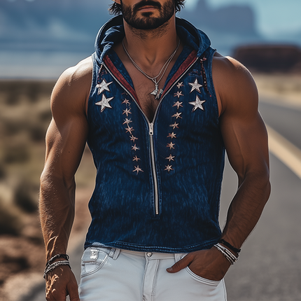 Men's Denim Hooded Tank Top | Western Cowboy Style | Spring & Summer Fashion | Embroidered Deep V Neck | Slim Fit & Zipper | Sleeveless Casual Retro Top