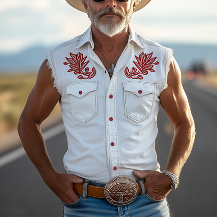 Men's Western Sleeveless Shirt | Washed Tencel Denim | Red Embroidery | Slim Fit | Cowboy Style | Spring Summer Casual | Breathable Eco-Friendly Fabric