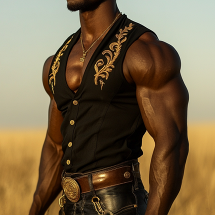 Men's Cowboy Embroidered V-Neck Slim Fit Sleeveless Shirt | Western Vintage Style | Cotton Comfort | Single Breasted | Classic Cowboy Aesthetic | Summer Casual Wear | Men's Fashion | Multiple Sizes Available