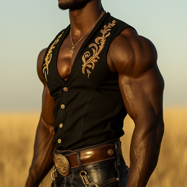 Men's Cowboy Embroidered V-Neck Slim Fit Sleeveless Shirt | Western Vintage Style | Cotton Comfort | Single Breasted | Classic Cowboy Aesthetic | Summer Casual Wear | Men's Fashion | Multiple Sizes Available