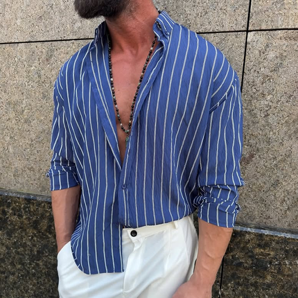 Men's Striped Long Sleeve Loose Fit Lapel Collar Shirt | Casual Wear | Soft Breathable Fabric | Modern Striped Design | Versatile Men's Top | Regular Fit | Comfortable Everyday Outfit | Stylish Men's Apparel