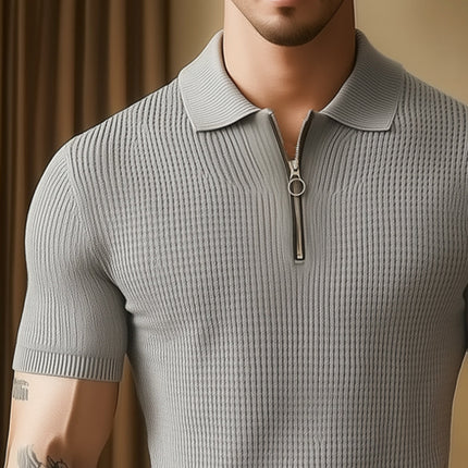 Men's Knitted Zip-Neck T-Shirt | Summer Business Casual Top | Textured Lightweight Fabric | Breathable Short Sleeve | Versatile Professional Style | Available in Sizes S to 3XL