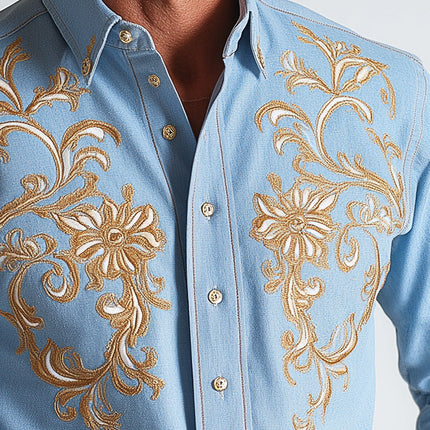 Men's Western Style Embroidered Long Sleeve Dress Shirt | Summer Blended Fabric | Lightweight & Breathable | Versatile Casual & Formal Wear | MTA2855D7P