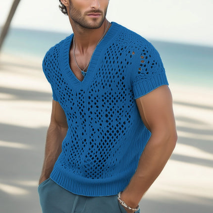 Men's Summer T-Shirt | V-Neck | Breathable Knitted Mesh | Lightweight | Stylish Casual Wear | Comfortable Tee for Warm Weather | Fashionable Design | Ideal for Summer Outfits