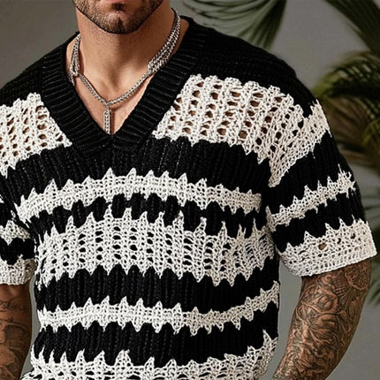 Men's V-neck Short-sleeved Sweater T-Shirt | Contrast Color | Soft Knitted Fabric | Casual Spring Summer Top | Lightweight & Breathable | Modern Sophisticated Style | All-day Comfort