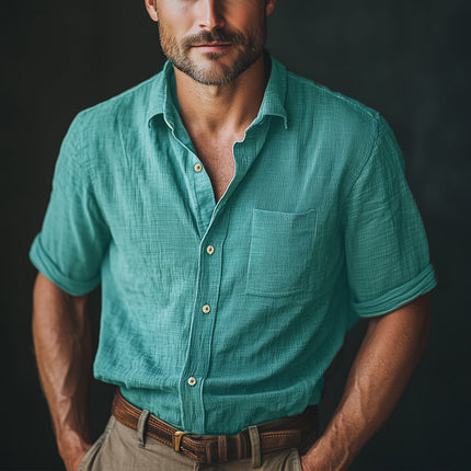 Men's Summer Short Sleeve Shirt | Textured Button-Down | Lightweight Cotton Blend | Casual & Semi-Formal Wear | Sizes S-3XL | Solid Colors | Breathable & Stylish
