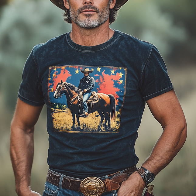 Men's Western Cowboy Style T-Shirt | Crew Neck | Short Sleeve | Cotton | Western-Themed Prints | Casual Wear | Available in Sizes S to 3XL | Comfortable Fit | Classic Cowboy Design | Horses & Cacti Motifs