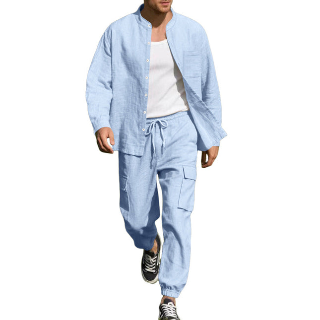 Men's Cotton Linen Long-Sleeve Shirt Trousers Set | Casual Breathable Outfit | Neutral Tone Options | Comfortable Fit for Everyday Wear