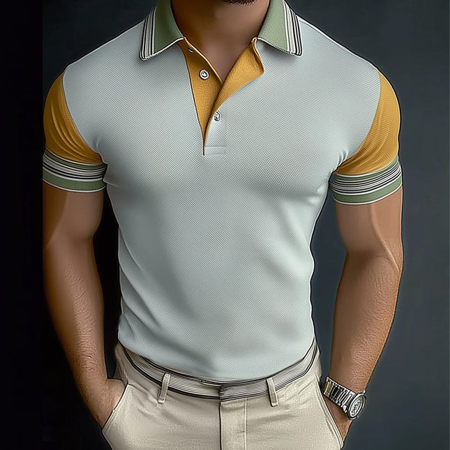 Men's Polo Shirt | Summer Business | Textured Fabric | Color Block Design | Cotton-Polyester Blend | Short Sleeve | Button-Up Collar | Modern Fit | Sizes S-3XL
