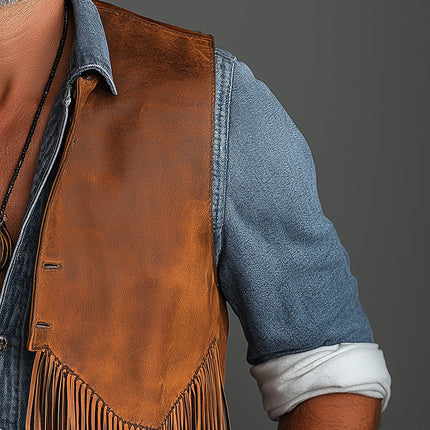 Men's Western Cowboy Leather Vest | Summer Tassel Design | Premium Quality | Stylish Outerwear | Breathable and Comfortable | Tailored Fit | Fashionable and Versatile | Perfect for Urban or Country Wear