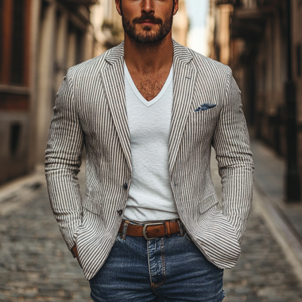 Men's Slim Fit Linen Blazer | Casual Breathable Pinstripe | Notched Lapel Single Breasted | Lightweight Summer Jacket | Sophisticated & Versatile | Stylish & Comfortable | Ideal for Warm Weather | Multiple Sizes