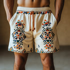 Men's Retro Geometric Embroidery Shorts | Summer Cotton Linen Blend | Casual Beachwear | Adjustable Waist | Breathable Fabric | Artful Design | Sizes S-3XL