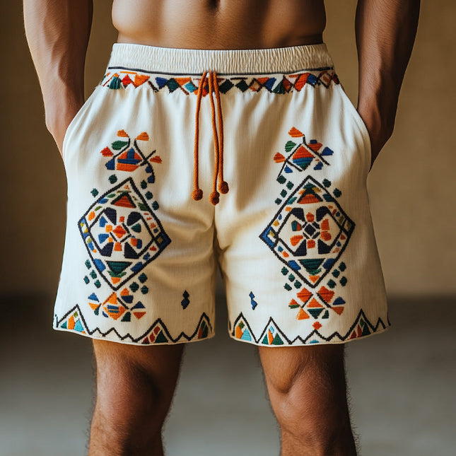 Men's Retro Geometric Embroidery Shorts | Summer Cotton Linen Blend | Casual Beachwear | Adjustable Waist | Breathable Fabric | Artful Design | Sizes S-3XL