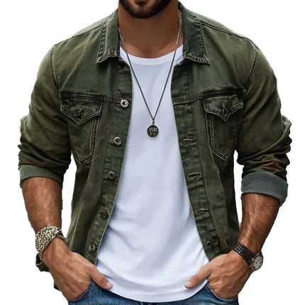 Men's Vintage Washed Jacket | Single Breasted | Lapel Collar | High-Quality Cotton Blend | Long Sleeve | Buttoned Cuffs | Classic Black, Olive Green, Navy Blue, Rustic Brown | Sleek Fit | Small to 3XL