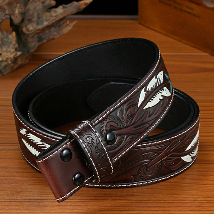 Men's Belt | Vintage Genuine Leather | Punk Style Embossed Feather Design | Snap Buckle Closure | Durable | Artistic Texture | Edgy Fashion Accessory | Versatile Fit | Timeless Craftsmanship