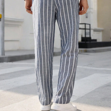Men's Striped Elastic Waist Beach Pants | Cotton Linen Blend | Casual Lightweight Summer Trousers | Breathable Stripes | Elastic Waistband | Versatile Style | Comfortable Fit