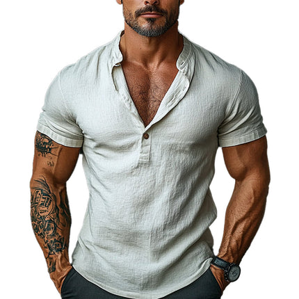 Men's T-Shirt | Cotton Short Sleeve | Round Neck Button Detail | Casual Lounge Wear | Premium Soft Breathable Fabric | Regular Fit | Machine Washable | Ideal for Everyday Comfort
