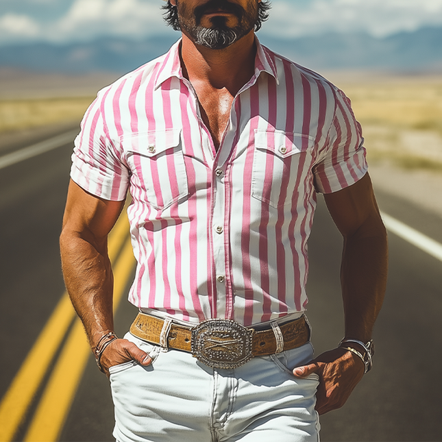 Men's Summer Retro Western Shirt | Casual Vertical Striped Cotton Blend | Slim Fit | Short Sleeve | Fashionable Lightweight Men's Top | Comfortable | Breathable Warm Weather Attire