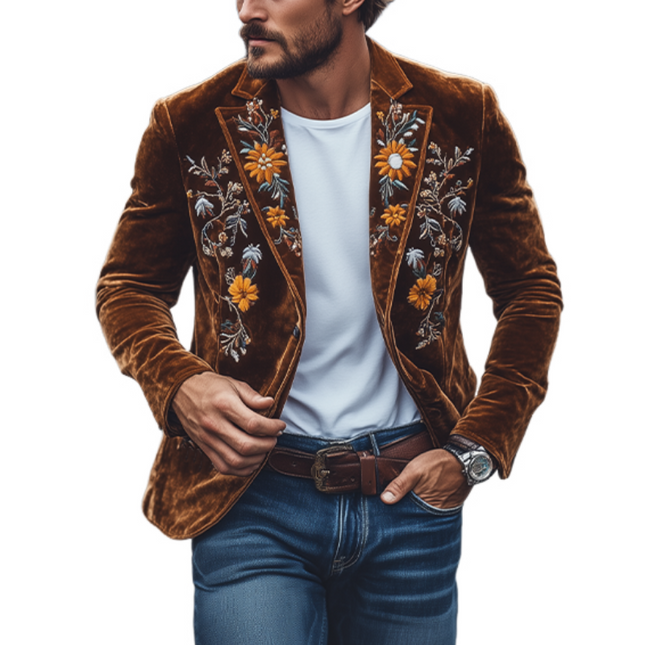 Men's Velvet Blazer | Classic Retro Slim Fit | Single Breasted | Embroidered Design | Elegant Outerwear | Formal & Stylish Events | Luxurious Craftsmanship | Sophisticated Garment | Versatile Fashion Piece