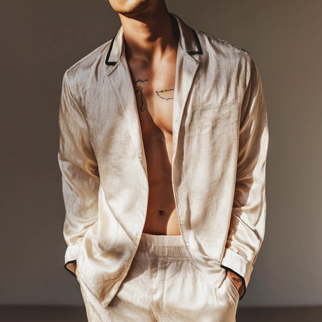 Men's Retro Casual Shirt | Lightweight Satin Fabric | Long Sleeve | Lapel Collar | Vintage Style | Versatile for Casual & Semi-Formal | Breathable Comfort | Multiple Sizes Available | Ideal Spring-Summer Wardrobe Staple