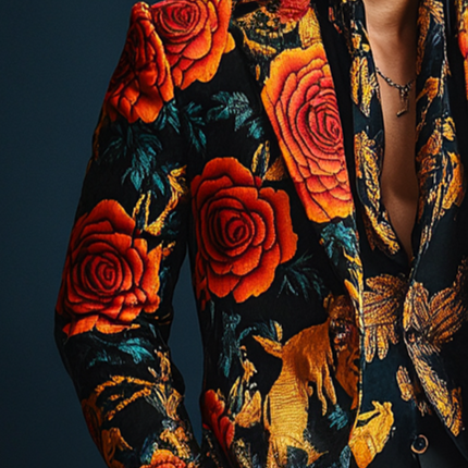 Men's Luxury Satin Blazer | Retro Western Cowboy Style | Rose Print | Tailored Notch Lapel | Long Sleeve | Sizes S to 3XL | Vintage Charm | Elegant Shiny Finish | Perfect for Parties & Fashion Shows