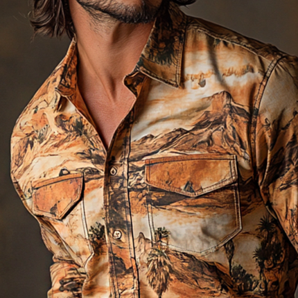 Men's Western Style Shirt | Retro Cowboy Print | Long Sleeve Lapel | Casual Dress | Cotton Blend | Versatile Fit | Sizes S-3XL | Vintage Western Charm