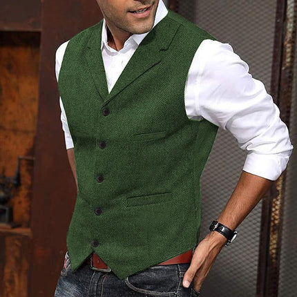 Men's Slim Fit Herringbone Suit Vest | Vintage Style | Single Breasted | Notch Lapel | Wool Blend | Elegant Formal & Smart Casual Layering | Adjustable Back Strap | Versatile Colors & Sizes