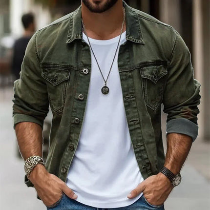 Men's Vintage Washed Jacket | Single Breasted | Lapel Collar | High-Quality Cotton Blend | Long Sleeve | Buttoned Cuffs | Classic Black, Olive Green, Navy Blue, Rustic Brown | Sleek Fit | Small to 3XL
