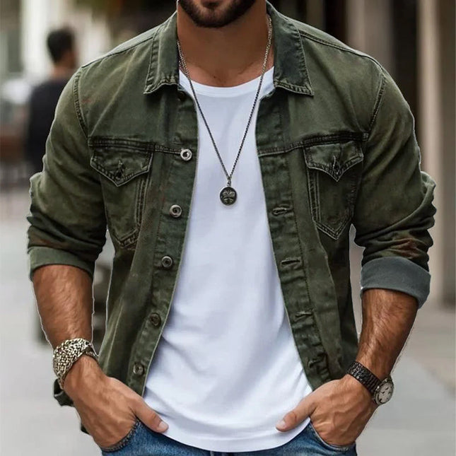 Men's Vintage Washed Jacket | Single Breasted | Lapel Collar | High-Quality Cotton Blend | Long Sleeve | Buttoned Cuffs | Classic Black, Olive Green, Navy Blue, Rustic Brown | Sleek Fit | Small to 3XL