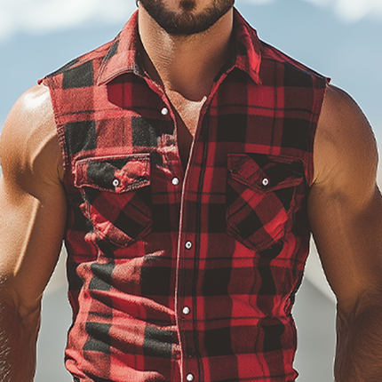 Men's Sleeveless Shirt | Summer Casual Retro | Western Denim Plaid | Cotton Blend | Cool Breathable Fabric | Timeless Style | Ideal for Layering | MTA2864D4K