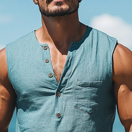 Men's Cotton Linen Pullover Tank Top | Solid Color Button-Down | Lightweight Breathable Comfort | Versatile Casual Style | Perfect for Layering | Easy Maintenance & Durable | Ideal for Warm Weather