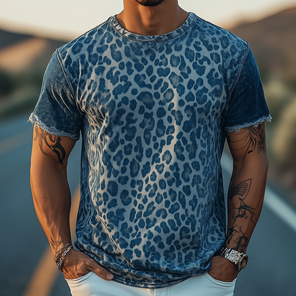 Men's Retro Western Cowboy T-Shirt | Denim Jacquard Fabric | Leopard Print | Short Sleeve | Stylish Vintage Design | Comfortable Fit | Durable | Breathable