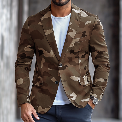 Men's Blazer | Retro Camouflage Pattern | Notch Lapel | Single Breasted | Long Sleeve | Cotton Polyester Blend | Sizes S-XXXL | Casual & Semi-Formal Wear | Flap Pockets | Lightly Padded Shoulders