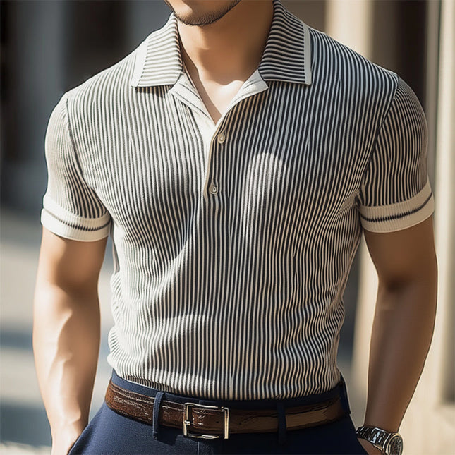 Men's Knitted Polo Shirt | Vertical Striped | Business Casual | Lightweight & Breathable | Summer Short Sleeve | Soft Comfort Fit | Classic Collar | Sizes S to 3XL | Stylish Office Attire