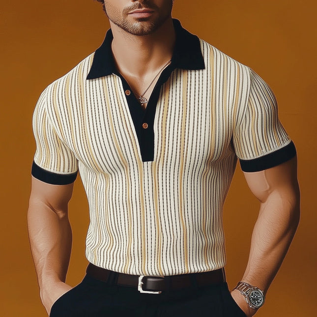 Men's Polo Neck T-Shirt | Vertical Striped | Knitted Fabric | Summer Classic | Tailored Fit | Short Sleeve | Sizes S-3XL | Breathable & Machine Washable | Casual & Smart-Casual Apparel
