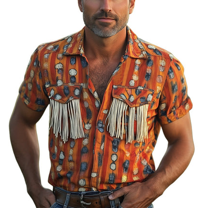 Men's Retro Tassel Short Sleeve Shirt | Vintage Print | Cotton | Lightweight Breathable Fabric | Relaxed Camp Collar | Casual Summer Style | Music Festival & Beach Party | Sizes S to 3XL