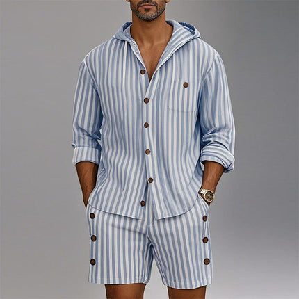 Men's Long Sleeve Striped Hoodie Set | Casual Two-Piece Outfit | Trendy Striped Print | Comfortable Activewear | Fashionable Relaxed Fit | Ideal for Various Casual Occasions | Hoodie & Shorts Combo