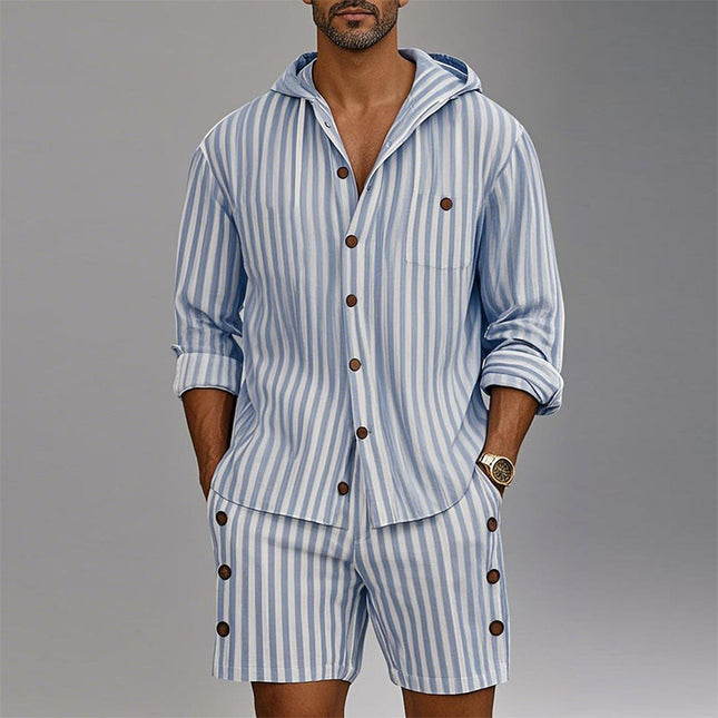 Men's Long Sleeve Striped Hoodie Set | Casual Two-Piece Outfit | Trendy Striped Print | Comfortable Activewear | Fashionable Relaxed Fit | Ideal for Various Casual Occasions | Hoodie & Shorts Combo