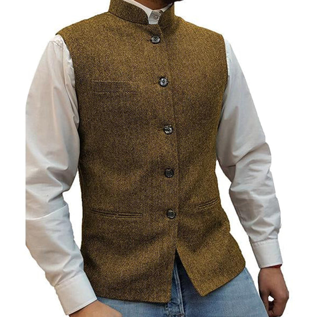Men's Tweed Herringbone Vest | Stand Collar | Single Breasted | Elegant Vintage Style | Handmade | Soft High-Quality Fabric | Three Slip Pockets | Sophisticated Masculine Design | Formal or Casual Wear