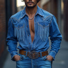Men's Denim Long Sleeve Shirt | Retro Western Cowboy Style | Tassel Stitching | Classic Pointed Collar | High-Quality Fabric | Comfortable Relaxed Fit | Versatile Fashion Statement