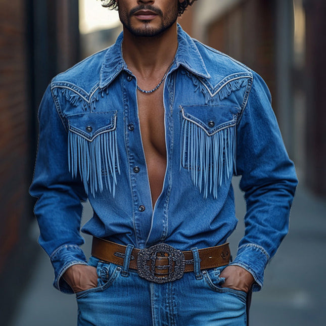 Men's Denim Long Sleeve Shirt | Retro Western Cowboy Style | Tassel Stitching | Classic Pointed Collar | High-Quality Fabric | Comfortable Relaxed Fit | Versatile Fashion Statement