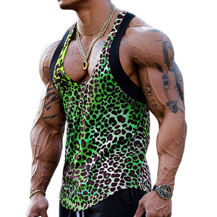 Men's Leopard Print Tank Top | U-Neck Patchwork Design | Cotton Blend | Sexy Sleeveless Shirt | Bold Fashion Statement | Comfortable & Breathable | Summer Casuals | Versatile Styling | Trendy Pattern